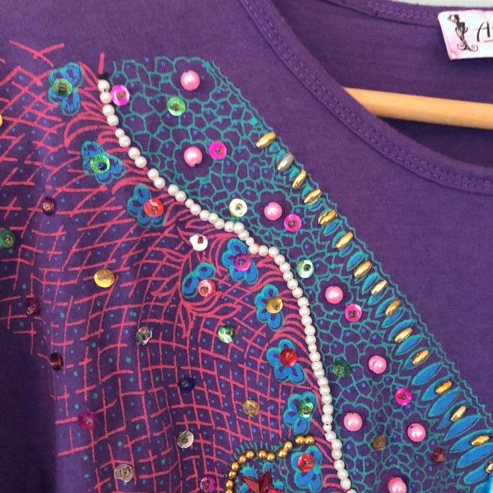 Vintage 1990's 1980's Purple Top with Bedazzled Short Sleeve Shirt Gems Jewels - Picture 7 of 7